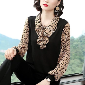 Ženska Šifon Leopard Tiskanja Vrhovi in bluze Mati Dolg Rokav Plus Velikost 4XL 5XL osnovni Modni Majice Za Ženske Mujer Novo 2020